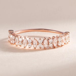 Dainty vintage style victorian women diamond wedding band, Unique marquise & round diamond wedding ring, Diamond stacking promise ring gold