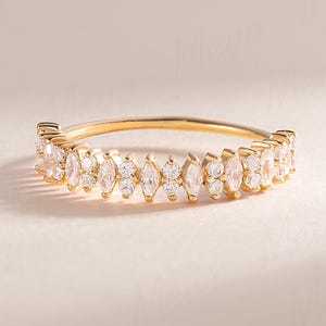 Unique Vintage Style Women 18K Gold Filled CZ Wedding Band, Dainty Elegant Marquise Stacking Ring, 18K Vermeil Wedding Promise Ring for Her