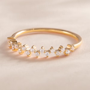 Dainty 18k Vermeil Gold Stacking Ring, 18K Gold Filled CZ Ring, Minimalist Curved Weddinhg Band, Delicate Cluster CZ Promise Ring for Her