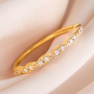 Marquise Gold Stacking Ring, 18k Yellow Gold Vermeil CZ Band, Dainty Vintage Inspired Wedding Ring, Minimalist Gold CZ Promise Ring for Her