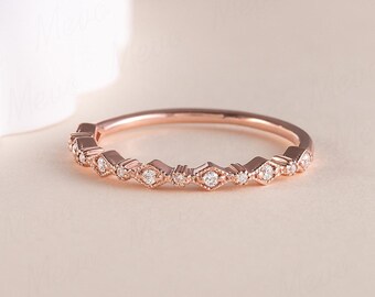Art Deco CZ Wedding Band, Rose Gold Dainty Stacking Band Vintage Bridal Ring