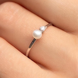 Minimalist dainty 925 sterling silver white pearl & cz promise ring for her, Delicate  pearl engagement ring, Pearl stacking wedding ring