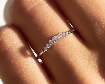 Women Minimalist Dainty White Gold Diamond Chevron Wedding Band, Thin Curved Stackable Ring