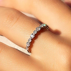 Unique 18k white gold bezel set diamond wedding band, Women dainty & elegant diamond stacking ring gold, Women diamond band gift for her