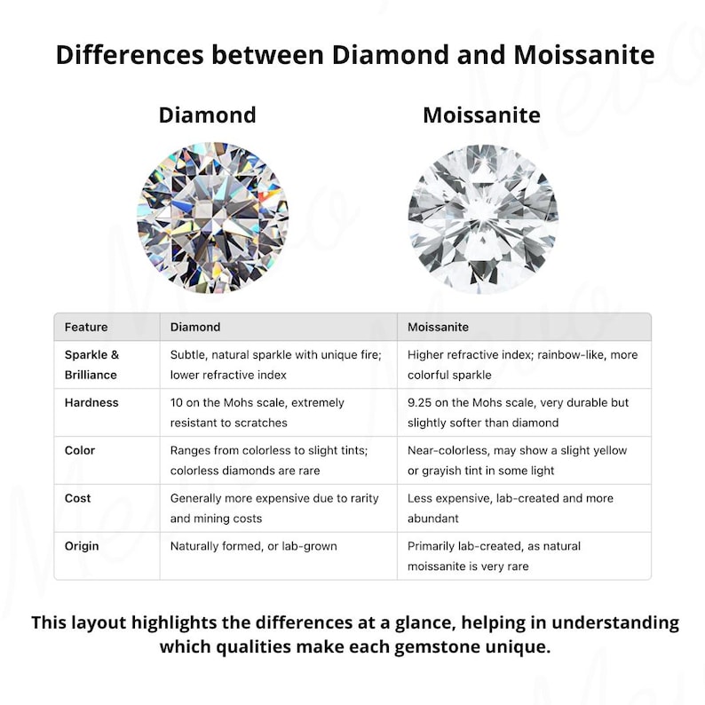Pode incluir: Um gr&aacute;fico de compara&ccedil;&atilde;o intitulado "Diferen&ccedil;as entre Diamante e Moissanite" com imagens de cada gema. O gr&aacute;fico detalha caracter&iacute;sticas como brilho, dureza, cor, custo e origem, explicando as diferen&ccedil;as.
