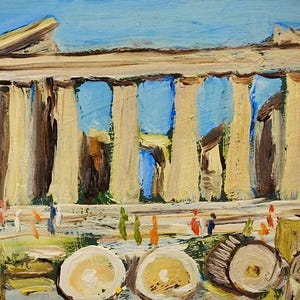 Dipinto ad olio su carta vintage anni '40 - "Atene" di Jozef Dlabal - Opera d'arte ceca originale
