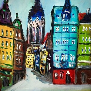 Dipinto ad olio originale "Evening Frankfurt" dell'artista ceco Jozef Dlabal - Olio su carta