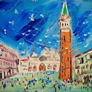 Dipinto ad olio originale antico su carta "Piazza San Marco a Venezia" del rinomato artista ceco Jozef Dlabal, idea regalo