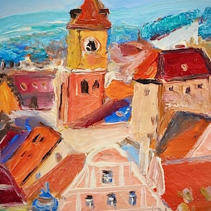 Dipinto originale d'epoca - "Ratisbona", olio su carta del rinomato artista ceco Jozef Dlabal, idea regalo perfetta