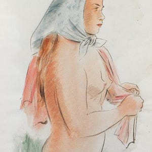 Disegno originale d'epoca "Ragazza con sciarpa" dell'artista ceco Bohumil Ullrych, 1947 - Matita e pastello su carta