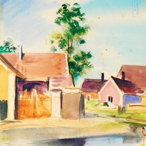 Disegno raro originale - Case / Dipinto nel giardino dell'artista ceco Bohumil Ullrych - Acquerello e inchiostro su carta, arte di metà secolo