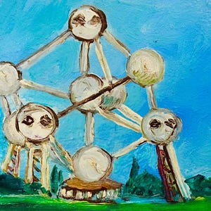 Dipinto ad olio su carta vintage anni '40 - "Atomium, Bruxelles" di Jozef Dlabal - Opera d'arte ceca originale