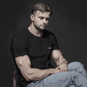 Puede incluir: Un hombre con una camiseta negra con un logotipo blanco y pantalones vaqueros azules. Está sentado con los brazos cruzados y mirando hacia abajo.