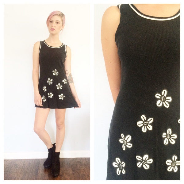 Vintage 90s Black Daisy Tank Mini Dress