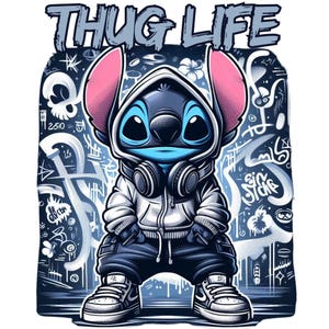 May include: A blue cartoon character with large ears and a white hoodie, wearing headphones and standing in a graffiti-covered alley. The character has a blue face with large eyes and a wide smile. The text "THUG LIFE" is written in large, bold letters above the character.