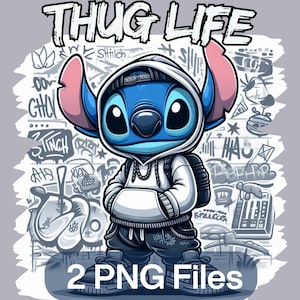 Puede incluir: Un personaje de dibujos animados azul que lleva una sudadera con capucha blanca y pantalones negros. El personaje tiene ojos grandes y una gran sonrisa. El fondo es una pared de grafiti con las palabras "THUG LIFE" en la parte superior.