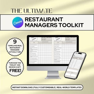 Könnte beinhalten: Ein digitales Restaurant-Manager-Toolkit, das auf einem Computermonitor und einem Smartphone angezeigt wird. Das Toolkit enthält Checklisten und Vorlagen. Der Text auf dem Bild lautet "The Ultimate Restaurant Managers Toolkit" und "Instant Download | Fully Customisable | Real-World Templates."