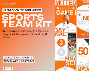 Puede incluir: Un conjunto de ocho plantillas Canva de color naranja y blanco para equipos deportivos. Las plantillas presentan una variedad de diseños, que incluyen un calendario de partidos, el jugador del partido y el marcador final. El texto "RIVALRY" aparece en la esquina superior izquierda de la imagen.