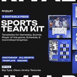 May include: Five editable Photoshop templates for sports teams. The templates are blue and white with a grainy texture. The text on the templates includes "gameday", "schedule", "final", "player of the game", and "committed".