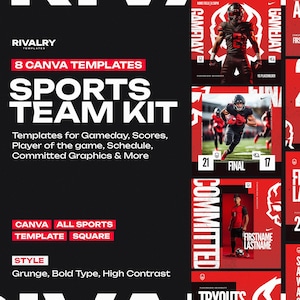 May include: A set of eight red and black Canva templates for sports teams. The templates feature a grunge style with bold text and high contrast. The templates include designs for game day, scores, player of the game, schedule, and more.