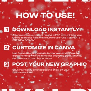 May include: Red background with white snowflakes. Text reads "HOW TO USE!" with three numbered steps: 1. Download Instantly, 2. Customize in Canva, 3. Post Your New Graphic.