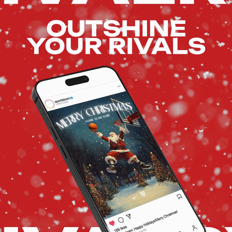 May include: A digital illustration of Santa Claus playing basketball with a snowy winter background. The image is a social media post with the text "Merry Christmas" and "Your Team Name".