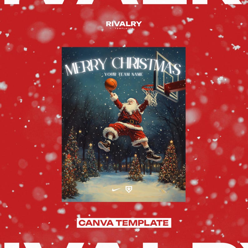 May include: A Christmas-themed basketball graphic featuring Santa Claus in a red suit dunking a basketball. The background is a snowy winter scene with Christmas trees. The text "Merry Christmas" is at the top of the graphic, and "Your Team Name" is below it.