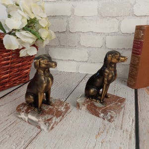 Pair of gold metal bookends, dog figurines, marble bases, vintage decoration, elegant library accessories, chic gift