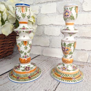 Pair of vintage Delftware candlesticks, polychrome floral decoration, traditional style, handcrafted piece, elegant decoration, unique gift