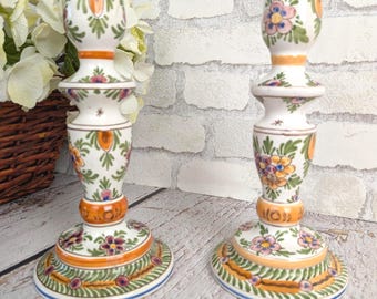 Pair of vintage Delftware candlesticks, polychrome floral decoration, traditional style, handcrafted piece, elegant decoration, unique gift