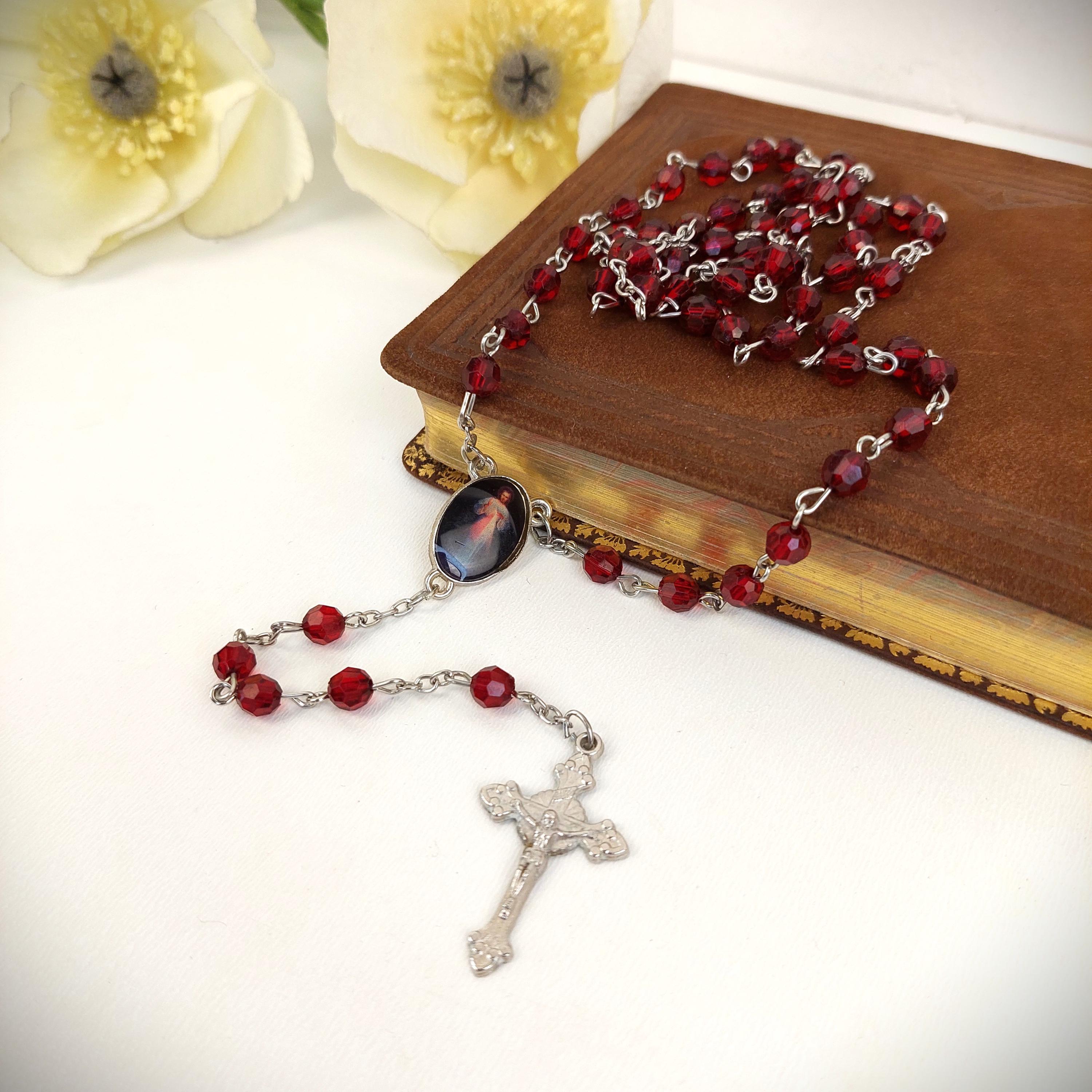 Antique Silver Metal Rosary With Red Beads, Jesus Christ Medallion 