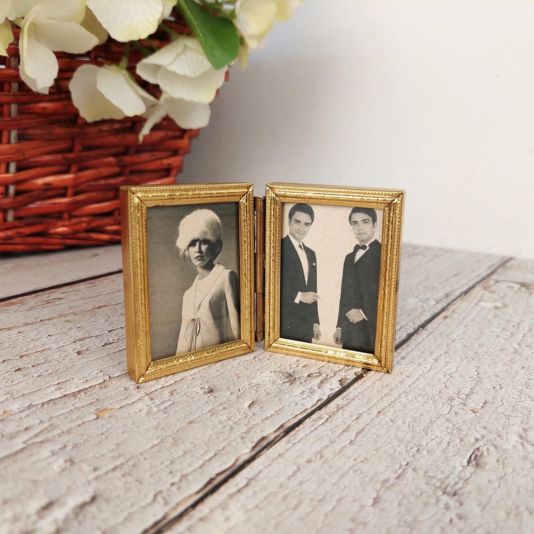 Vintage Couple Photo Frame Gold Brass Small Double Frame With Glasses ...
