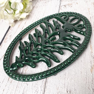 Vintage enameled cast iron trivet, openwork decor, French country style, decorative gift for table, rustic home, table art