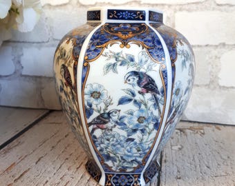 Vintage porcelain vase, Japanese otagiri vase, decorated with birds and flowers, hand-painted in shades of royal blue, unique handcrafted gift