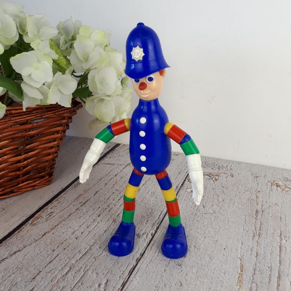 Jouet vintage en plastique, figurine de policier, marque MERIT Safe-Play Nursery Toy, jouet avec bras & jambes pliants, fait à England 1960s