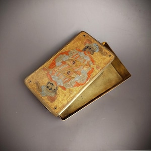 Boite vintage rectangulaire à cartes & bibelots en laiton massif, design cloisonné, coffre vintage fait à main, cadeau unique, jeu de cartes