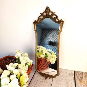 Baroque style elongated mirror, bronze and brass frame, Louis XVI design, Rococo style wall decoration, antique France 19th century