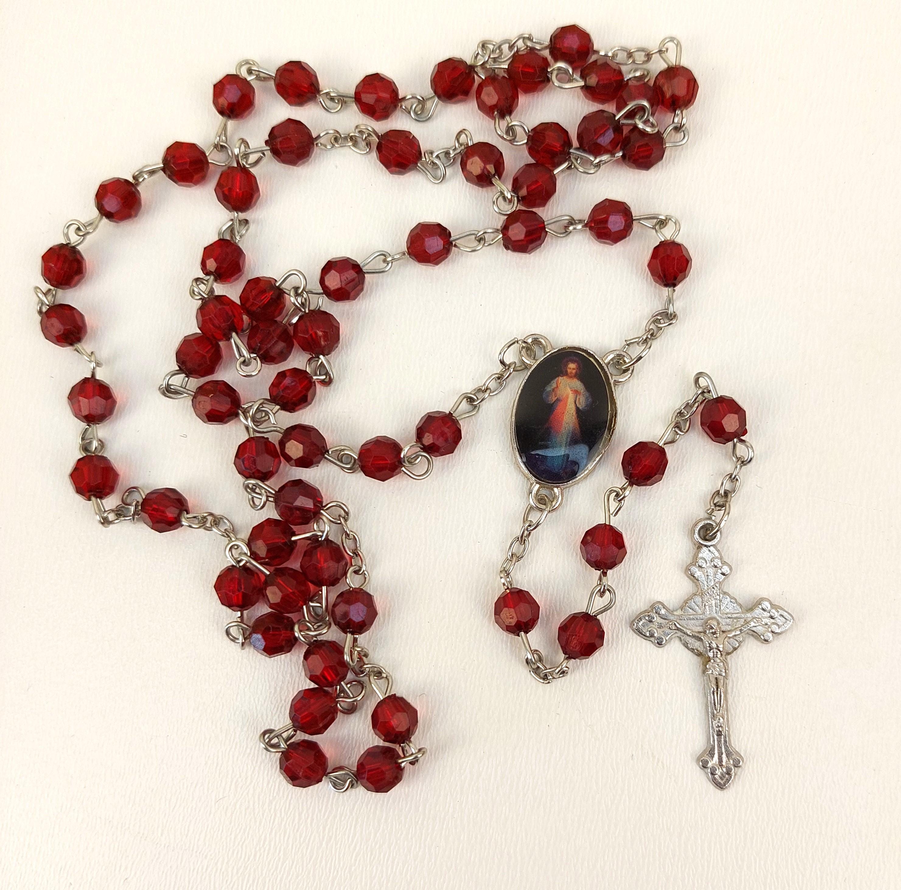 Antique Silver Metal Rosary With Red Beads, Jesus Christ Medallion 