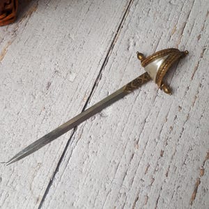 Vintage Toledo gold-plated metal letter opener, sword-shaped, blade-shaped, collectible desk accessory, gift