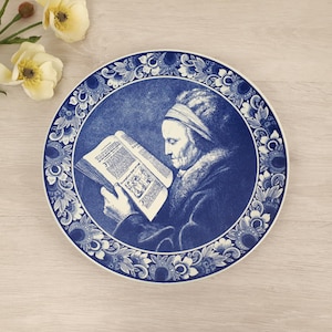 Grand assiette vintage murale Delfts Blauw, céramique royale, décor "La mère de Rembrandt" par Gerrit Dou, cadeau unique, poterie Pays-Bas