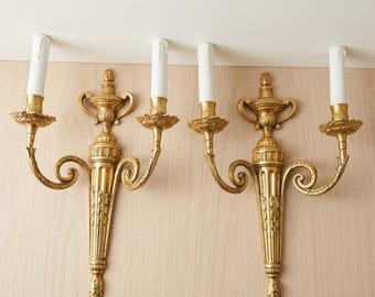 Pair of antique wall sconces in solid gilt bronze, Baroque style, French Empire period, chic lighting, elegant home, unique gift