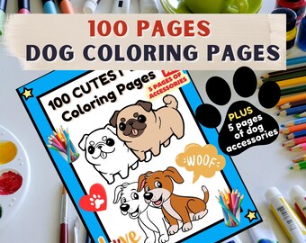 Peut inclure: Un livre de coloriage bleu et blanc avec 100 pages d'illustrations de chiens mignons. La couverture présente un carlin, un bouledogue et un terrier. Le livre comprend également 5 pages d'accessoires pour chiens à colorier.