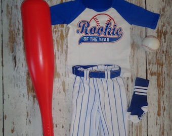 Baseball Cake smash outfit boy-SPECIFIC DATE MESSAGE 1er, Rookie of the Year Birthday, Royal Pinstripes, Uniforme de baseball, Pantalon de baseball,