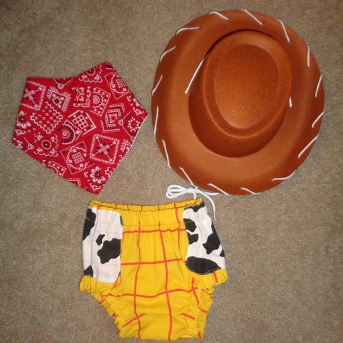 Cowboy Sheriff Smash Bloomers, Bandana Bib ,Vest and Cowboy Hat-Cowboy Birthday-Woody Diaper Cover-Toy themed Cake smash-Woody, Bloomers