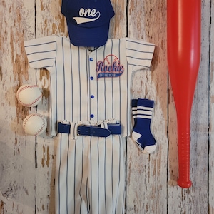 Baseball Cake smash outfit-SPECIFIC DATE MESSAGE 1st! Rookie of the Year Birthday Jersey, Royal Pinstripes, Baseball uniform, Baseball Pants