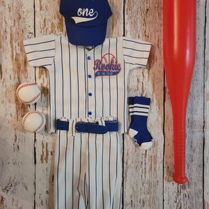 Baseball Cake smash outfit-SPECIFIC DATE MESSAGE 1st! Rookie of the Year Birthday Jersey, Royal Pinstripes, Baseball uniform, Baseball Pants