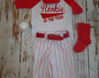 Baseball Cake smash outfit-SPECIFIC DATE MESSAGE 1st! Rookie of the Year Birthday outfit, Red Pinstripes, Baseball uniform, Baseball Pants,