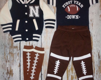 Football Cake smash outfit, First Year Down , Navy Stripe Football Bodysuit, Football 1st Birthday Jersey, SPECIFIC DATE MESSAGE 1st