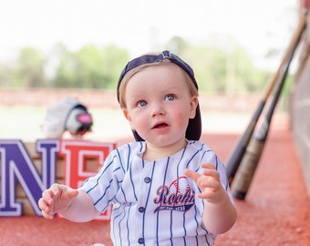 Baseball Cake smash outfit-SPECIFIC DATE MESSAGE 1st! Rookie of the Year Birthday Jersey, Navy Pinstripes, Baseball uniform, Baseball Pants,