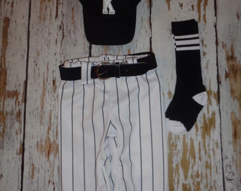 Baseball Cake smash outfit boy, SPECIFIC DATE MESSAGE 1st!- Baseball Pants Socks and Hat, Black Pinstripes, Baseball uniform, Baseball Pants